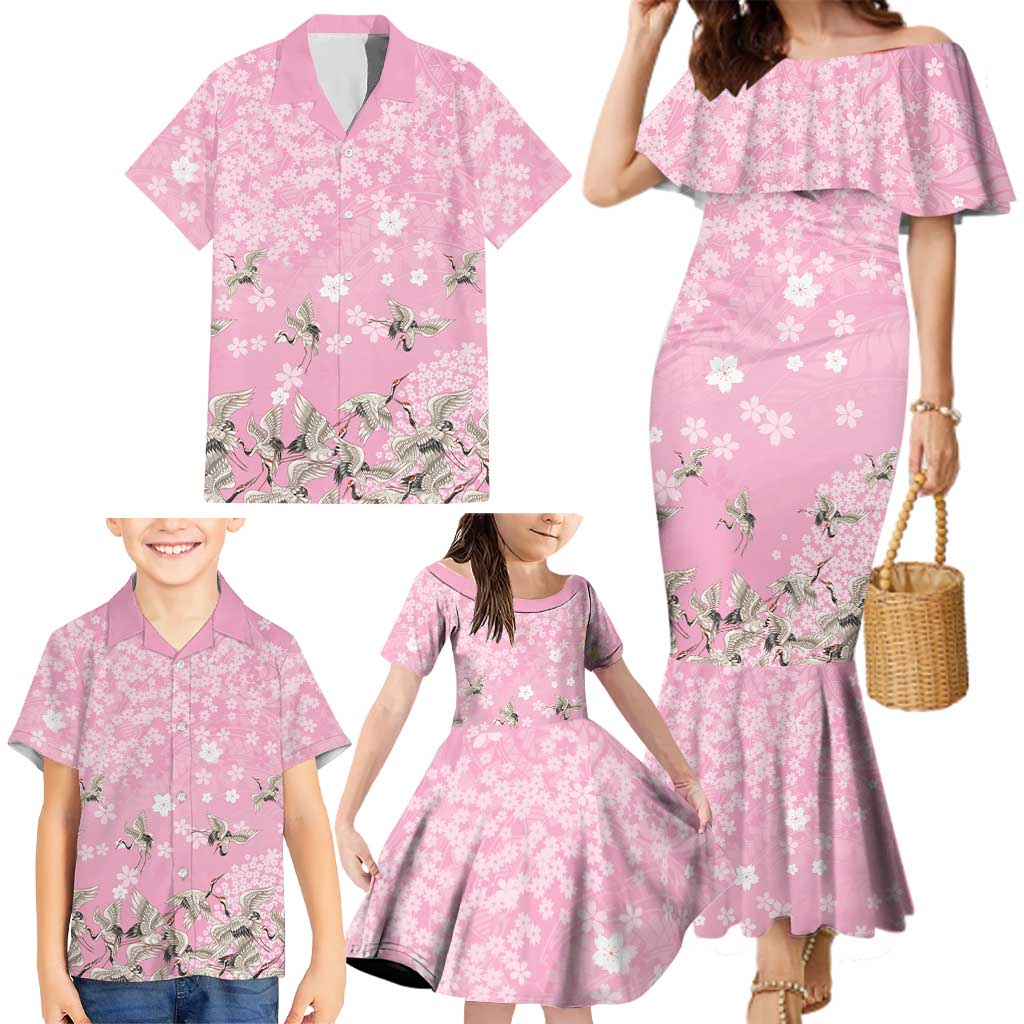 Cranes Sakura Floral Pink Pastel Family Matching Mermaid Dress and Hawaiian Shirt Hawaii Japan Culture - Polynesian Pride
