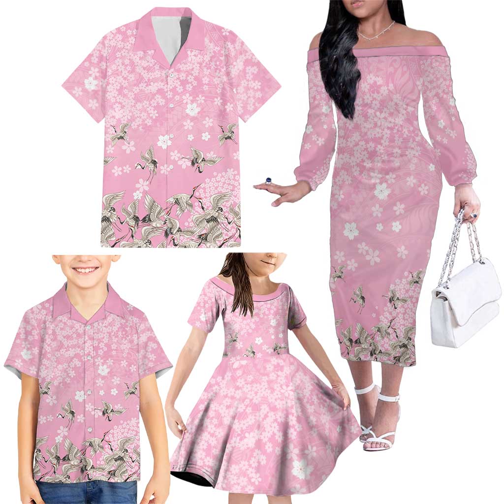 Cranes Sakura Floral Pink Pastel Family Matching Off The Shoulder Long Sleeve Dress and Hawaiian Shirt Hawaii Japan Culture LT01 - Polynesian Pride