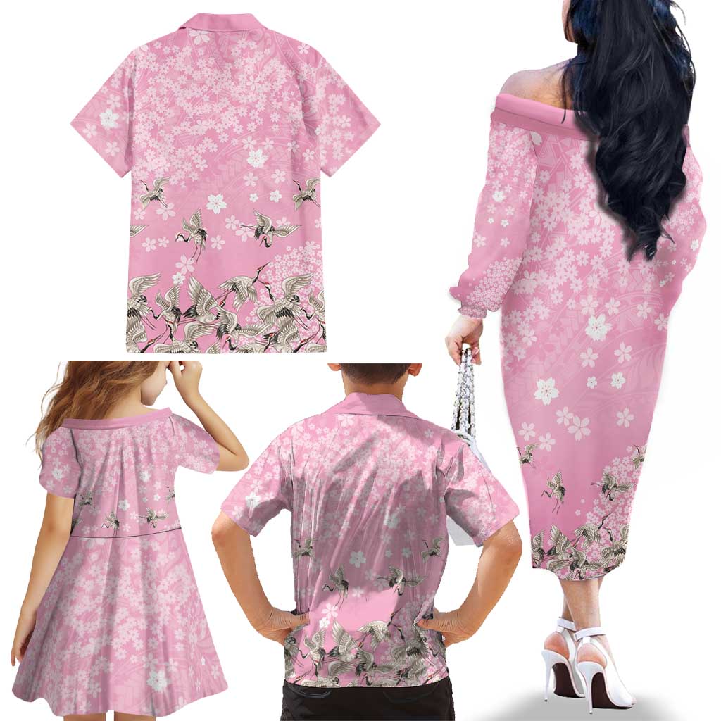 Cranes Sakura Floral Pink Pastel Family Matching Off The Shoulder Long Sleeve Dress and Hawaiian Shirt Hawaii Japan Culture LT01 - Polynesian Pride