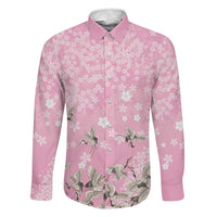 Cranes Sakura Floral Pink Pastel Family Matching Off Shoulder Short Dress and Hawaiian Shirt Hawaii Japan Culture LT01 Dad's Shirt - Long Sleeve Pink - Polynesian Pride