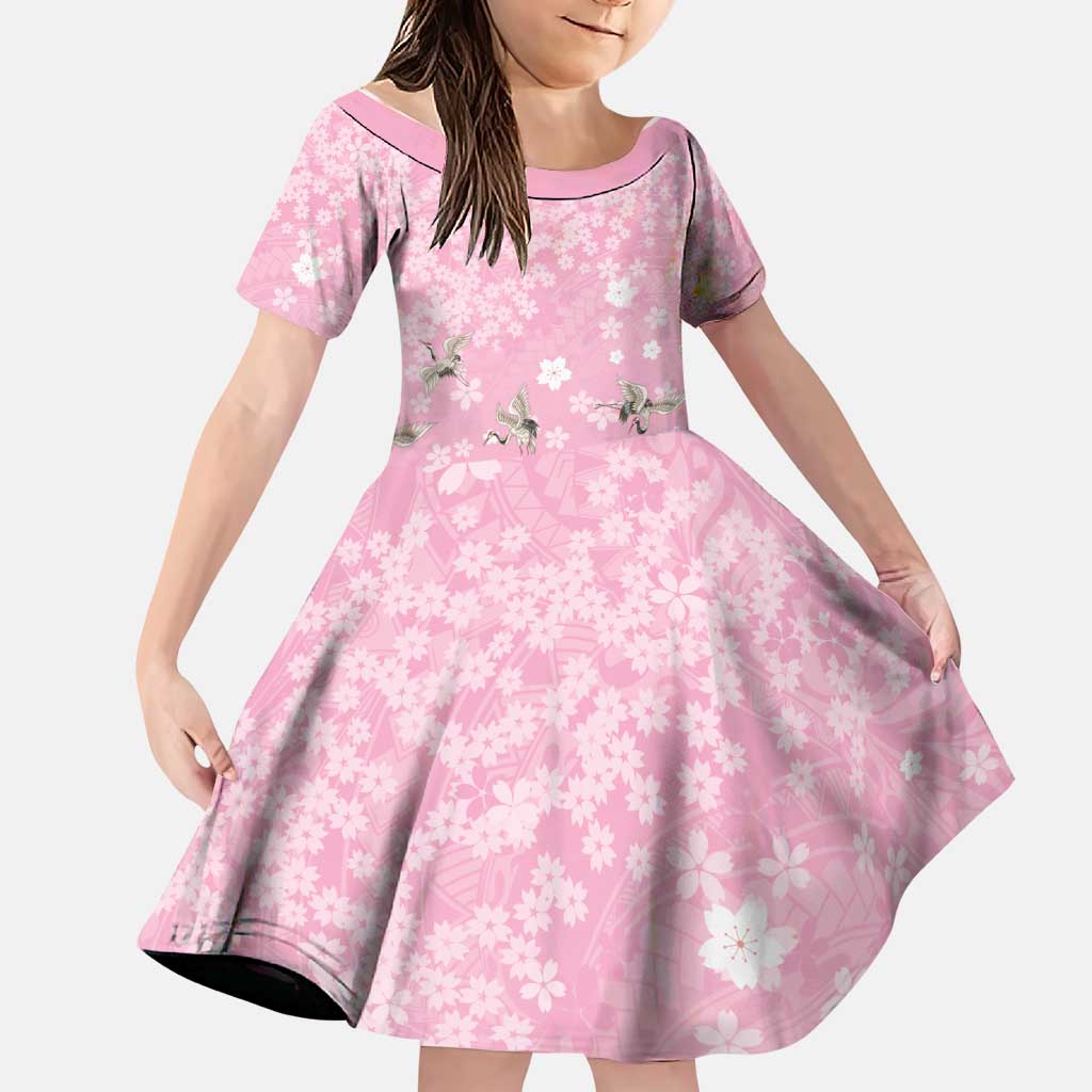 Cranes Sakura Floral Pink Pastel Family Matching Tank Maxi Dress and Hawaiian Shirt Hawaii Japan Culture LT01 Daughter's Dress Pink - Polynesian Pride