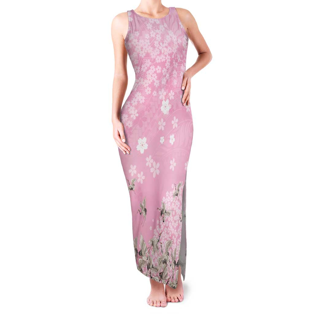 Cranes Sakura Floral Pink Pastel Family Matching Tank Maxi Dress and Hawaiian Shirt Hawaii Japan Culture LT01 Mom's Dress Pink - Polynesian Pride