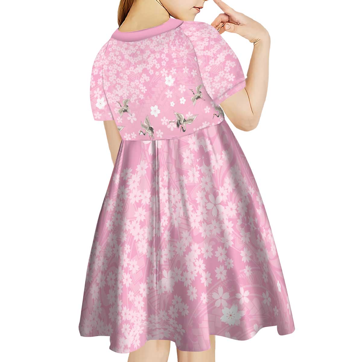 Cranes Sakura Floral Pink Pastel Kid Short Sleeve Dress Hawaii Japan Culture LT01 - Polynesian Pride