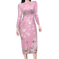 Cranes Sakura Floral Pink Pastel Long Sleeve Bodycon Dress Hawaii Japan Culture LT01 Long Dress Pink - Polynesian Pride