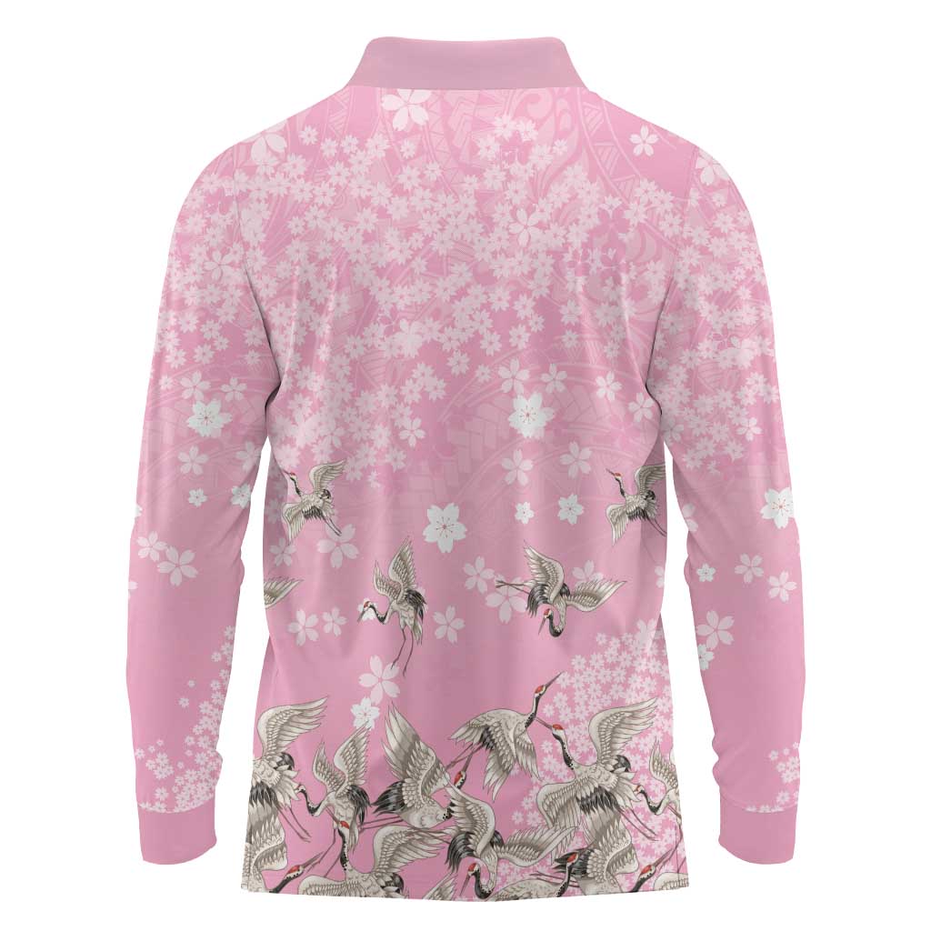Cranes Sakura Floral Pink Pastel Long Sleeve Polo Shirt Hawaii Japan Culture LT01 - Polynesian Pride