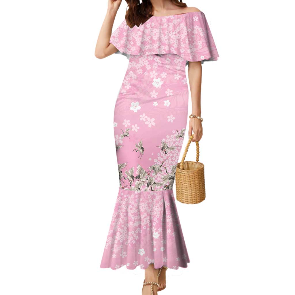 Cranes Sakura Floral Pink Pastel Mermaid Dress Hawaii Japan Culture LT01 Women Pink - Polynesian Pride