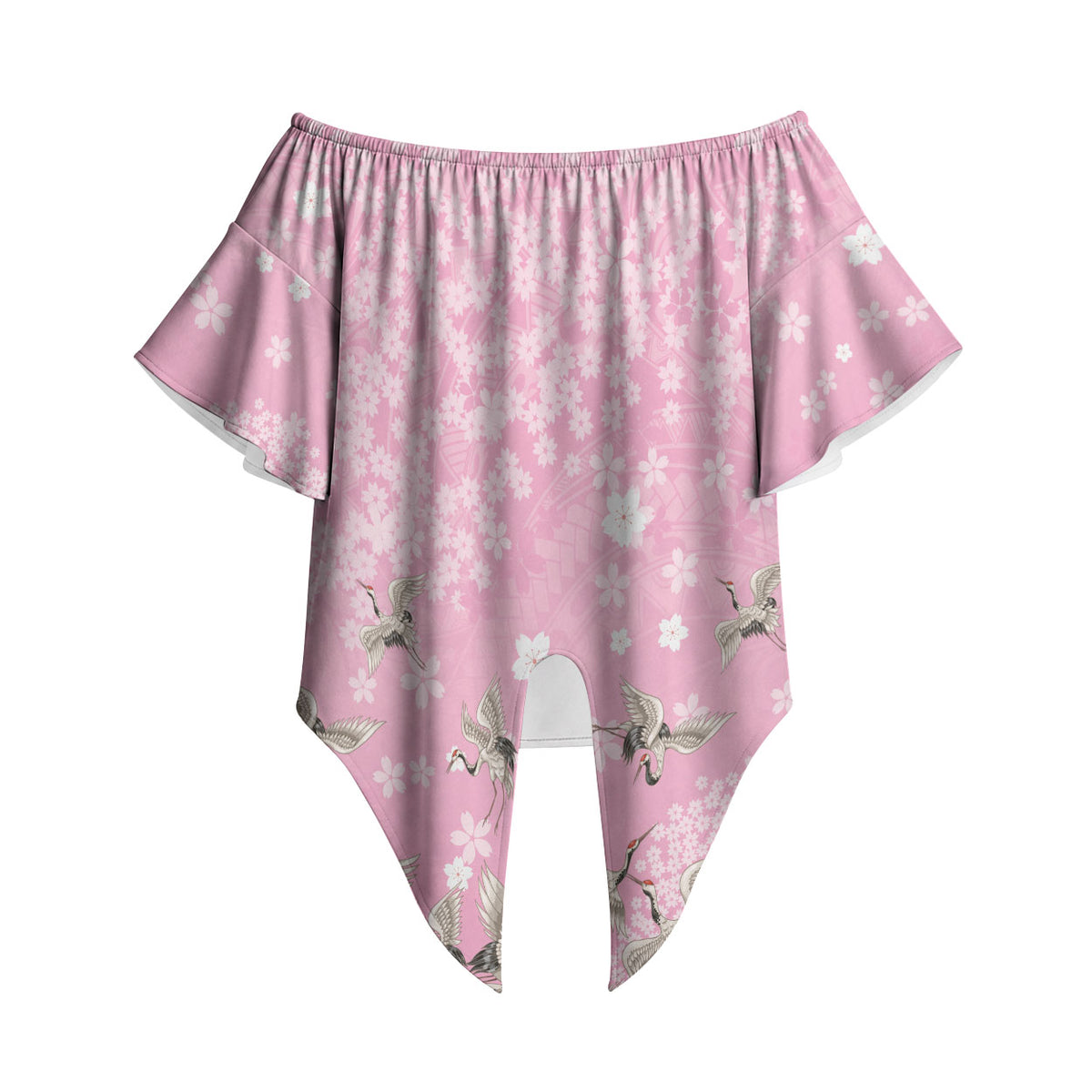 Cranes Sakura Floral Pink Pastel Off Shoulder Wrap Waist Top Hawaii Japan Culture LT01 Pink - Polynesian Pride