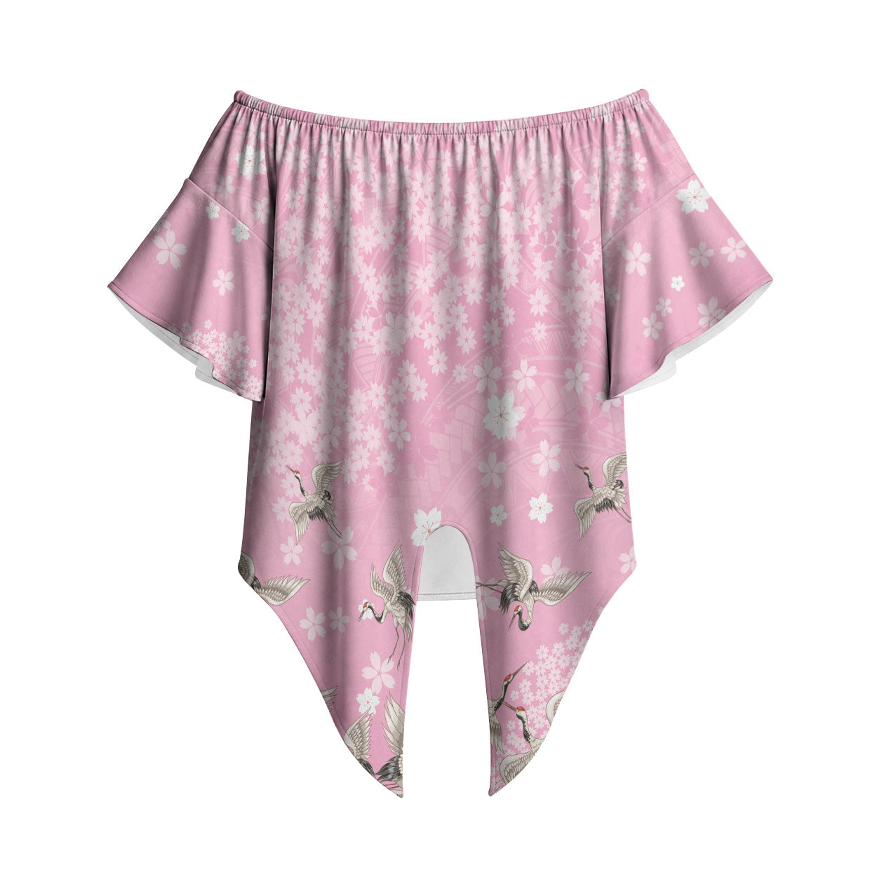 Cranes Sakura Floral Pink Pastel Off Shoulder Wrap Waist Top Hawaii Japan Culture LT01 Pink - Polynesian Pride