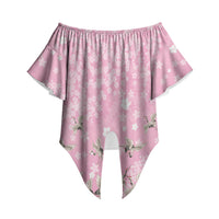 Cranes Sakura Floral Pink Pastel Off Shoulder Wrap Waist Top Hawaii Japan Culture LT01 Pink - Polynesian Pride
