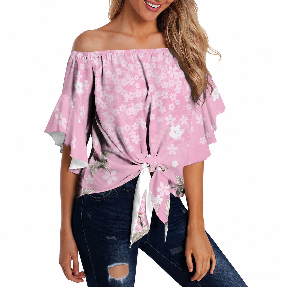 Cranes Sakura Floral Pink Pastel Off Shoulder Wrap Waist Top Hawaii Japan Culture LT01 - Polynesian Pride