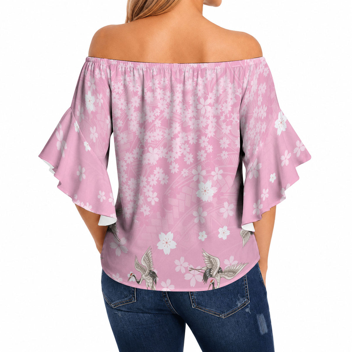 Cranes Sakura Floral Pink Pastel Off Shoulder Wrap Waist Top Hawaii Japan Culture LT01 - Polynesian Pride