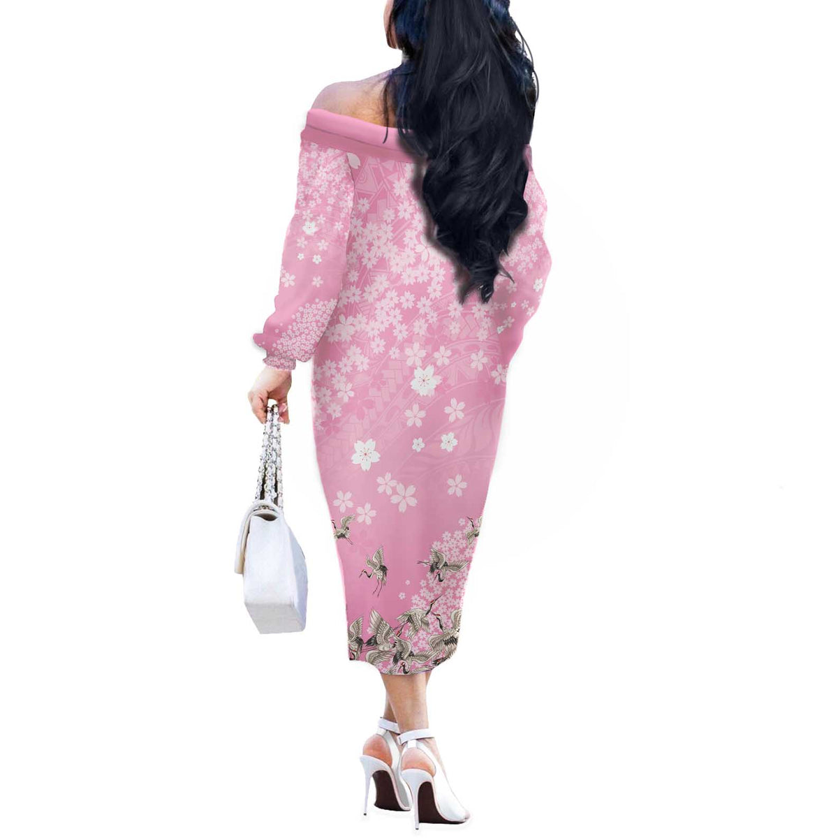 Cranes Sakura Floral Pink Pastel Off The Shoulder Long Sleeve Dress Hawaii Japan Culture LT01 - Polynesian Pride