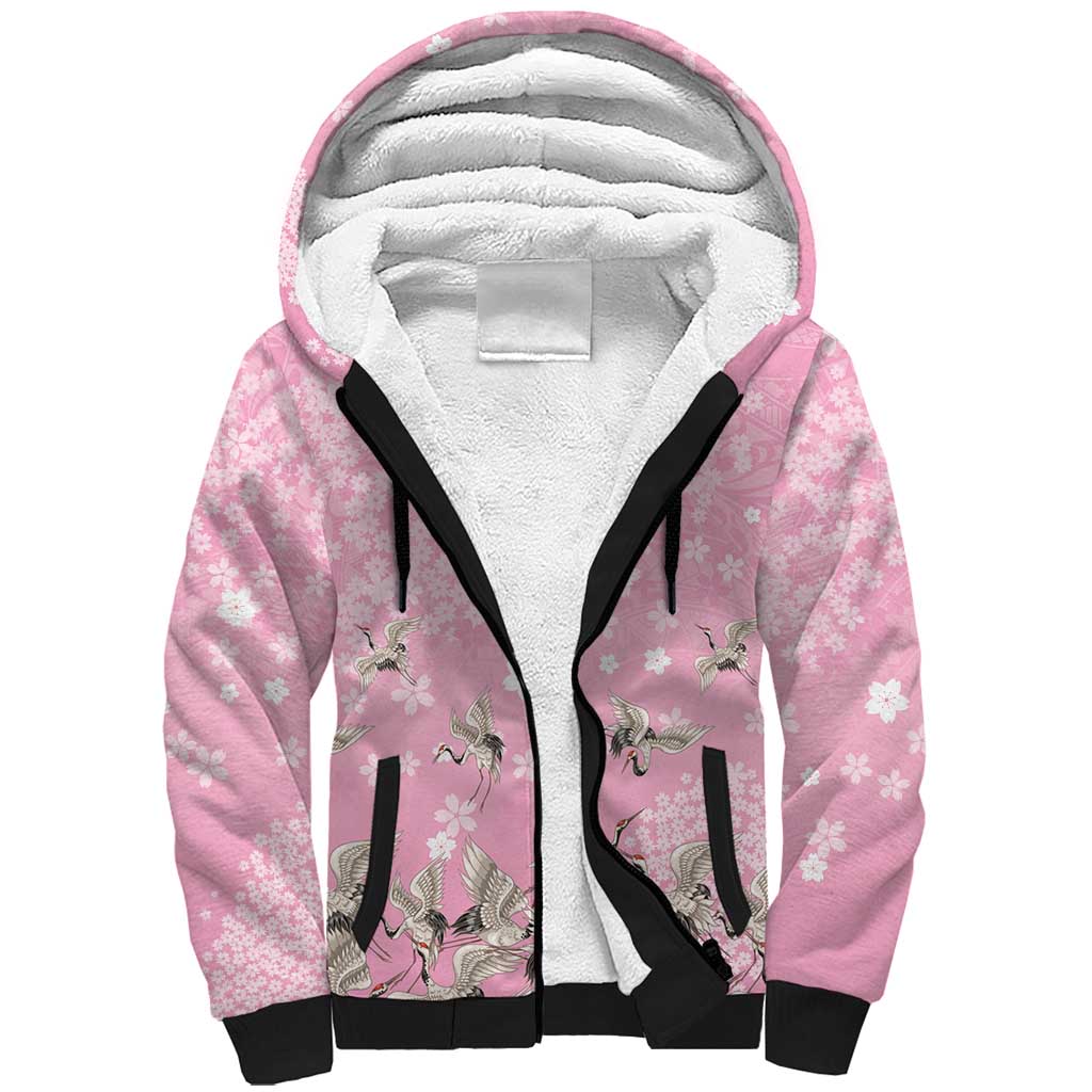 Cranes Sakura Floral Pink Pastel Sherpa Hoodie Hawaii Japan Culture LT01 Unisex Pink - Polynesian Pride