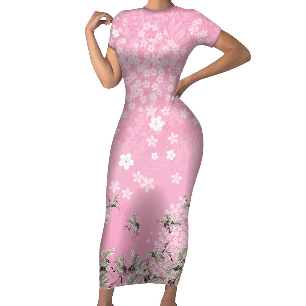 Cranes Sakura Floral Pink Pastel Short Sleeve Bodycon Dress Hawaii Japan Culture LT01 Long Dress Pink - Polynesian Pride