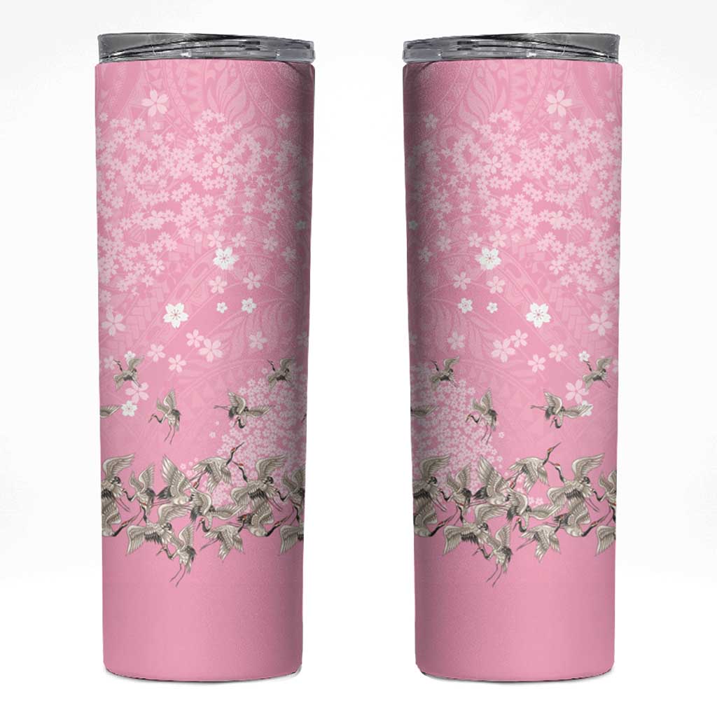 Cranes Sakura Floral Pink Pastel Skinny Tumbler Hawaii Japan Culture LT01 Pink - Polynesian Pride