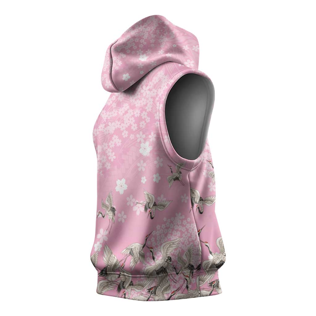 Cranes Sakura Floral Pink Pastel Sleeveless Hoodie Hawaii Japan Culture LT01 - Polynesian Pride