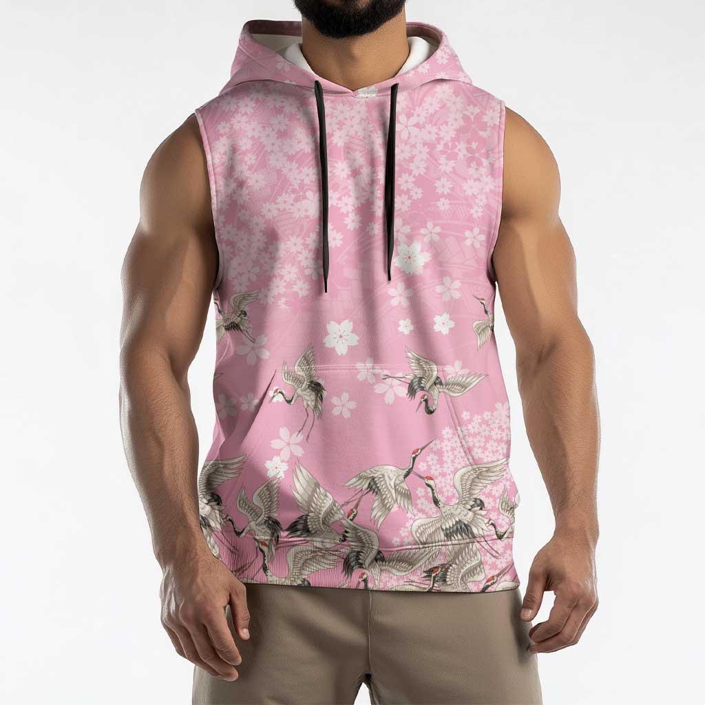 Cranes Sakura Floral Pink Pastel Sleeveless Hoodie Hawaii Japan Culture LT01 - Polynesian Pride
