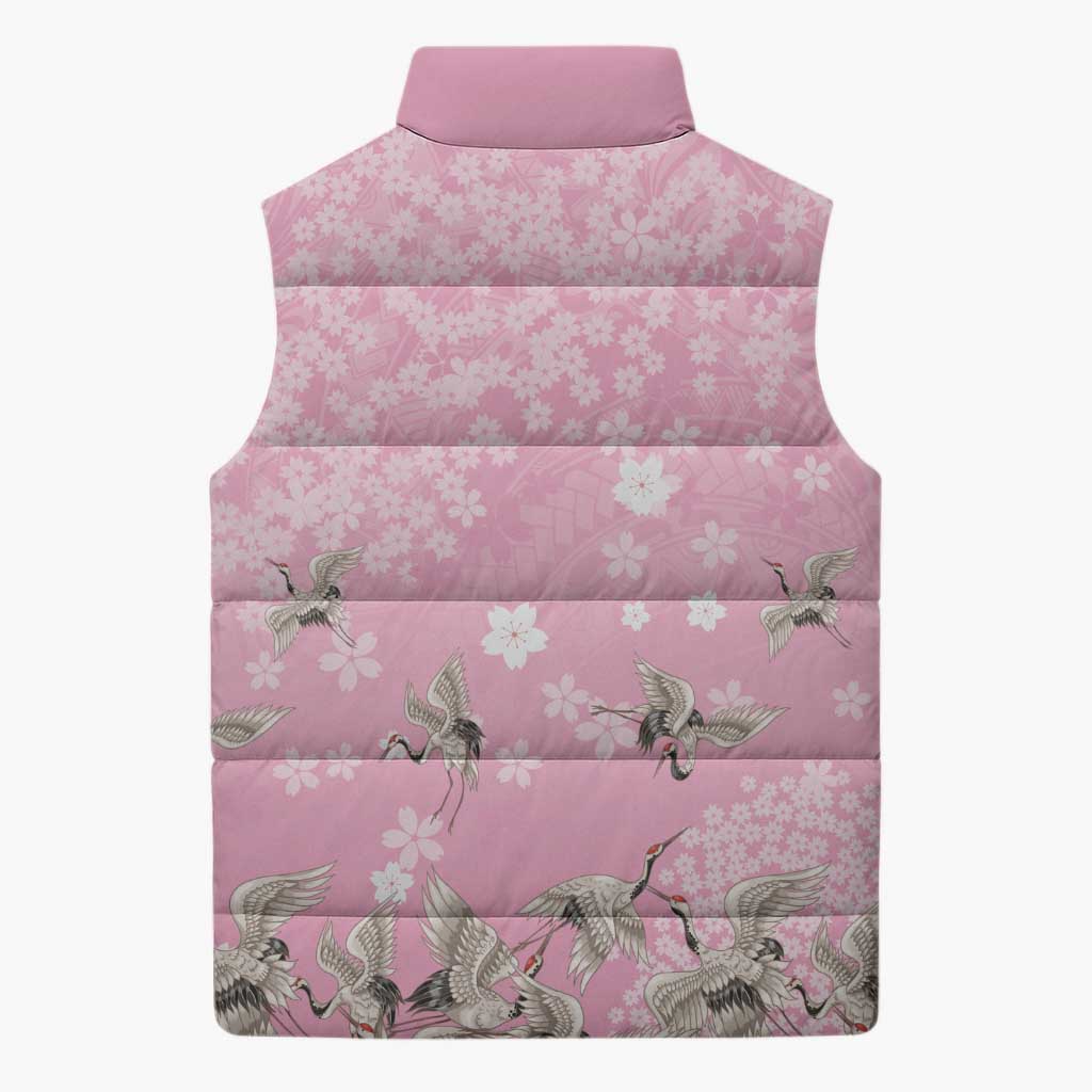Cranes Sakura Floral Pink Pastel Sleeveless Puffer Jacket Hawaii Japan Culture LT01 - Polynesian Pride