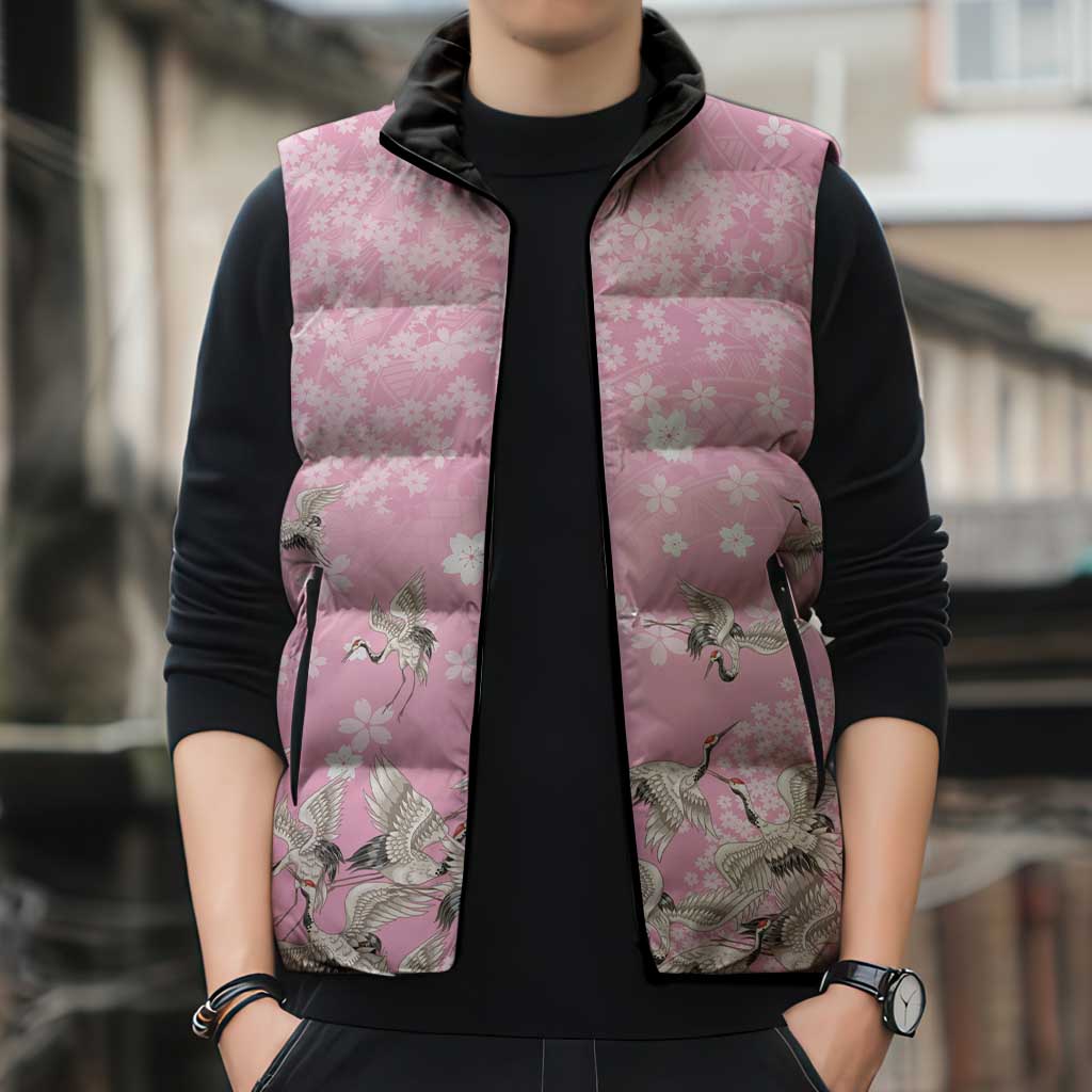 Cranes Sakura Floral Pink Pastel Sleeveless Puffer Jacket Hawaii Japan Culture LT01 - Polynesian Pride