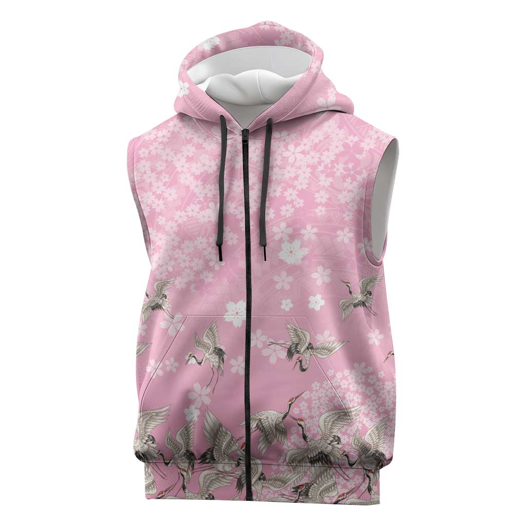 Cranes Sakura Floral Pink Pastel Sleeveless Zip Hoodie Hawaii Japan Culture LT01 Pink - Polynesian Pride