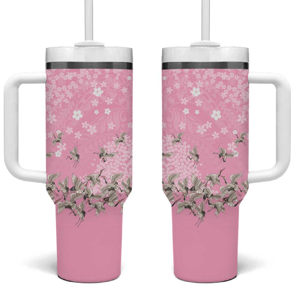 Cranes Sakura Floral Pink Pastel Tumbler With Handle Hawaii Japan Culture LT01 One Size: 40 oz Pink - Polynesian Pride