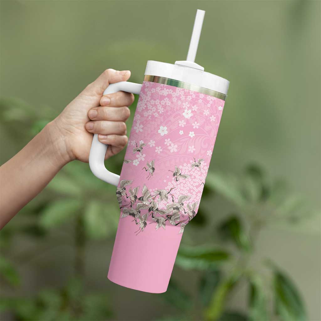 Cranes Sakura Floral Pink Pastel Tumbler With Handle Hawaii Japan Culture LT01 - Polynesian Pride