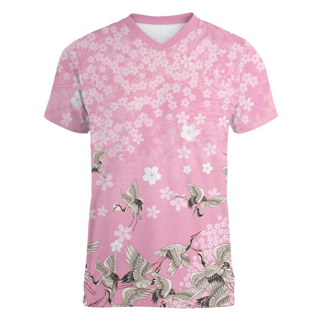 Cranes Sakura Floral Pink Pastel Women V-Neck T-Shirt Hawaii Japan Culture LT01 Female Pink - Polynesian Pride