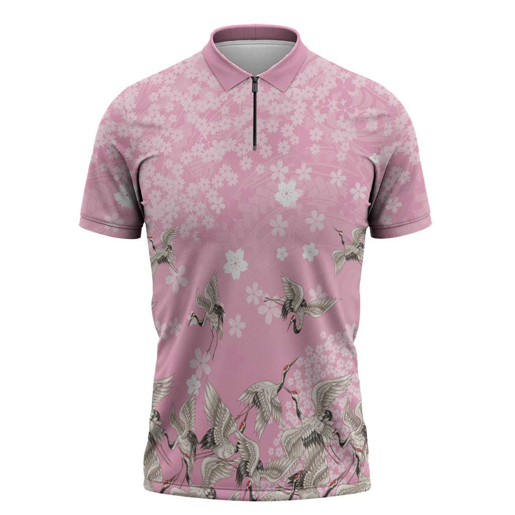 Cranes Sakura Floral Pink Pastel Zipper Polo Shirt Hawaii Japan Culture LT01 Pink - Polynesian Pride