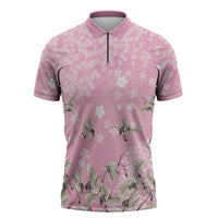 Cranes Sakura Floral Pink Pastel Zipper Polo Shirt Hawaii Japan Culture LT01 Pink - Polynesian Pride