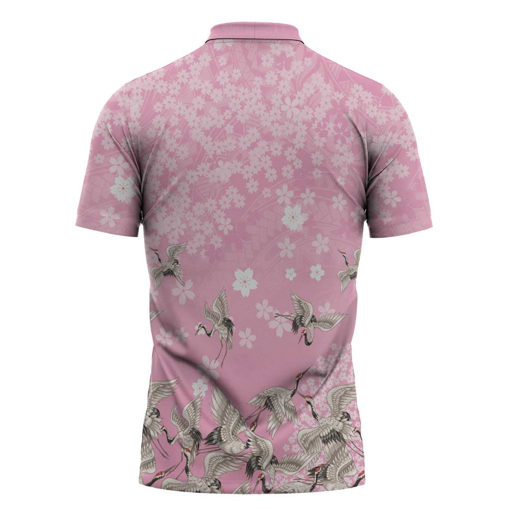 Cranes Sakura Floral Pink Pastel Zipper Polo Shirt Hawaii Japan Culture LT01 - Polynesian Pride