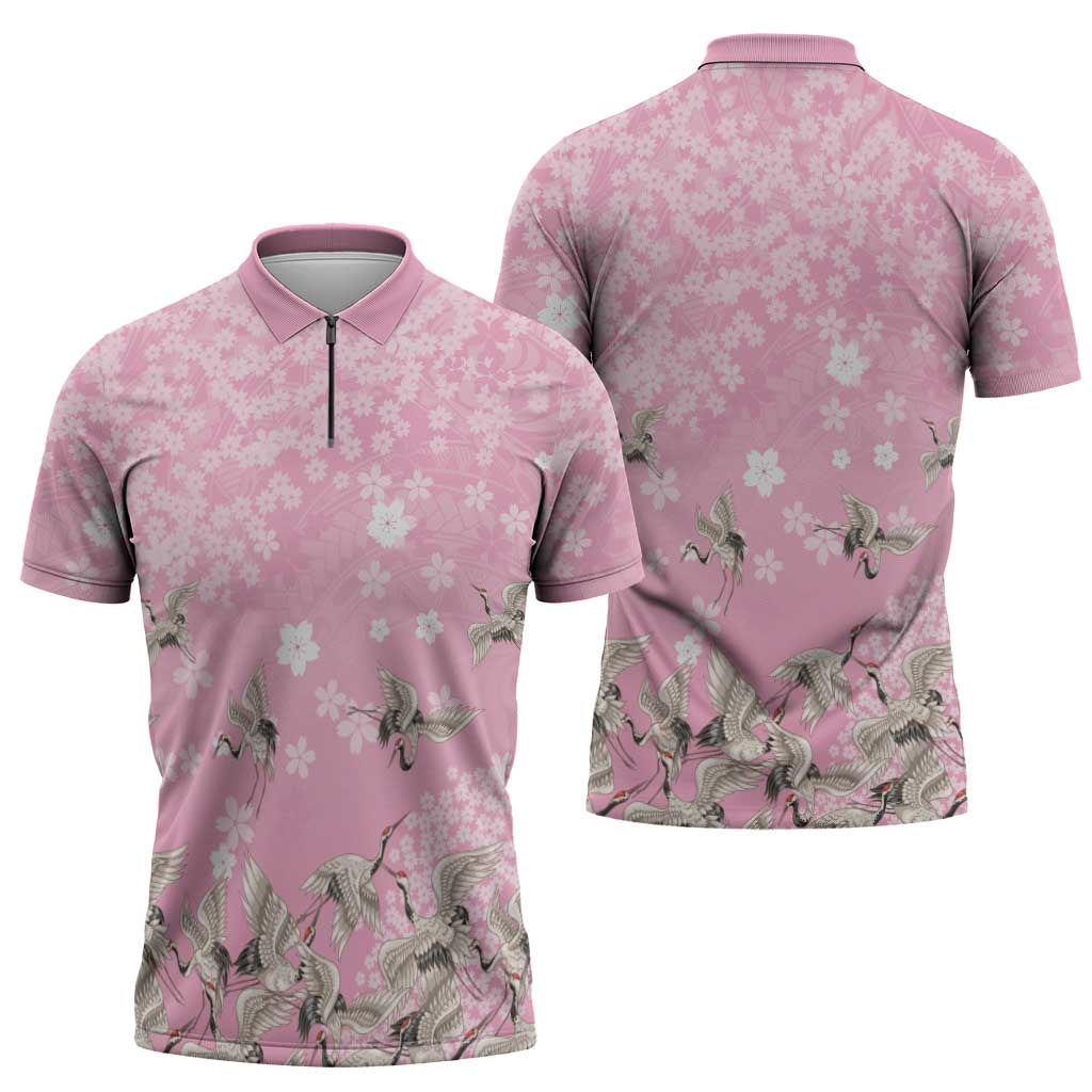 Cranes Sakura Floral Pink Pastel Zipper Polo Shirt Hawaii Japan Culture LT01 - Polynesian Pride