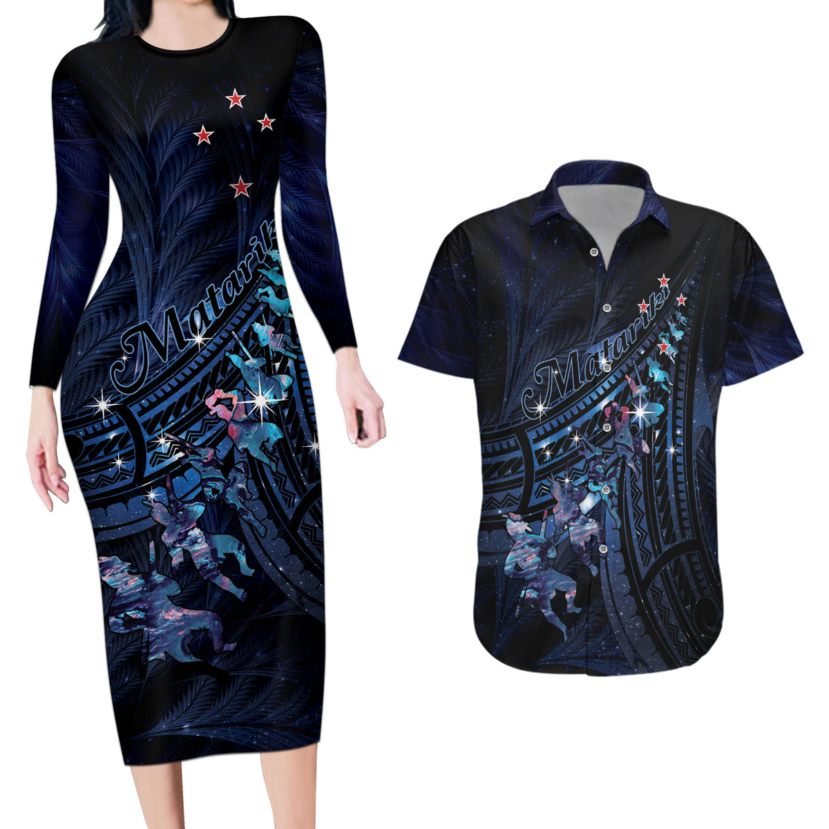 Personalised Matariki Paua Shell New Zealand Couples Matching Long Sleeve Bodycon Dress and Hawaiian Shirt Haka Dance At The Starry Night LT01 Black - Polynesian Pride