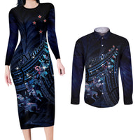 Personalised Matariki Paua Shell New Zealand Couples Matching Long Sleeve Bodycon Dress and Long Sleeve Button Shirt Haka Dance At The Starry Night LT01 Black - Polynesian Pride