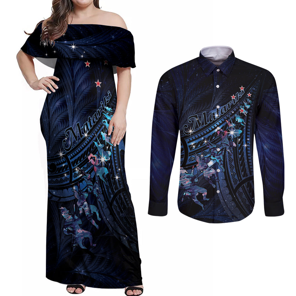 Personalised Matariki Paua Shell New Zealand Couples Matching Off Shoulder Maxi Dress and Long Sleeve Button Shirt Haka Dance At The Starry Night LT01 Black - Polynesian Pride