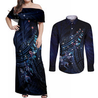 Personalised Matariki Paua Shell New Zealand Couples Matching Off Shoulder Maxi Dress and Long Sleeve Button Shirt Haka Dance At The Starry Night LT01 Black - Polynesian Pride