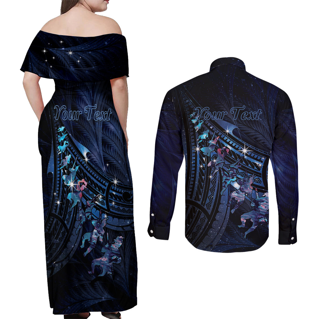 Personalised Matariki Paua Shell New Zealand Couples Matching Off Shoulder Maxi Dress and Long Sleeve Button Shirt Haka Dance At The Starry Night LT01 - Polynesian Pride