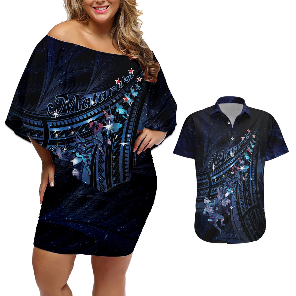 Personalised Matariki Paua Shell New Zealand Couples Matching Off Shoulder Short Dress and Hawaiian Shirt Haka Dance At The Starry Night LT01 Black - Polynesian Pride