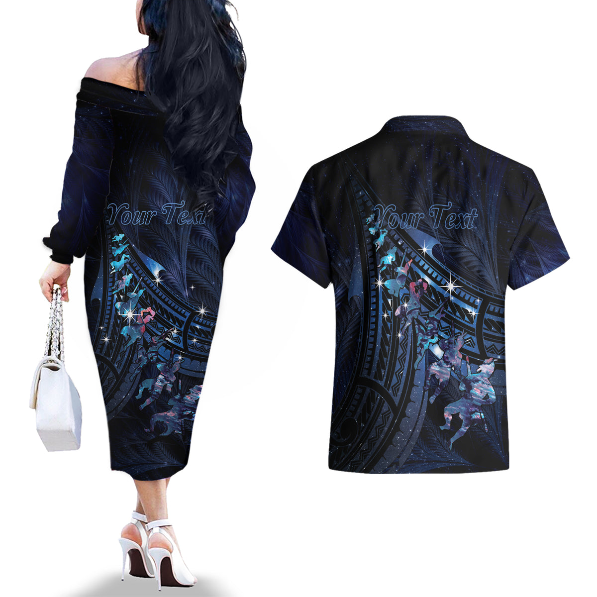 Personalised Matariki Paua Shell New Zealand Couples Matching Off The Shoulder Long Sleeve Dress and Hawaiian Shirt Haka Dance At The Starry Night LT01 - Polynesian Pride