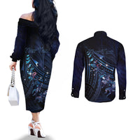 Personalised Matariki Paua Shell New Zealand Couples Matching Off The Shoulder Long Sleeve Dress and Long Sleeve Button Shirt Haka Dance At The Starry Night LT01 - Polynesian Pride