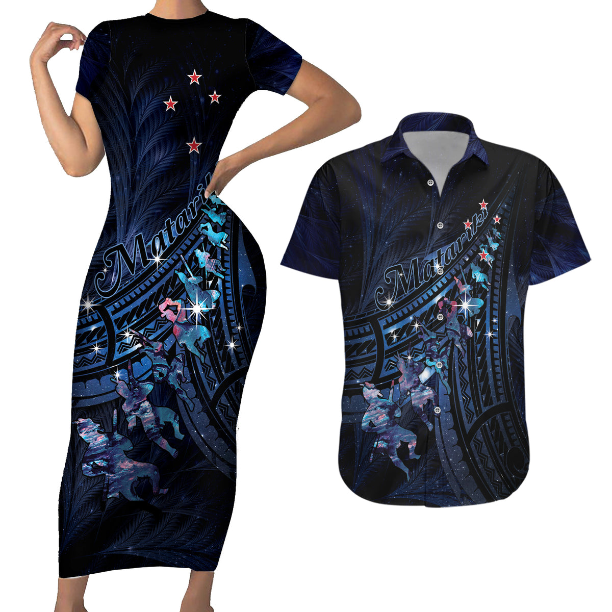 Personalised Matariki Paua Shell New Zealand Couples Matching Short Sleeve Bodycon Dress and Hawaiian Shirt Haka Dance At The Starry Night LT01 Black - Polynesian Pride