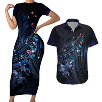 Personalised Matariki Paua Shell New Zealand Couples Matching Short Sleeve Bodycon Dress and Hawaiian Shirt Haka Dance At The Starry Night LT01 Black - Polynesian Pride