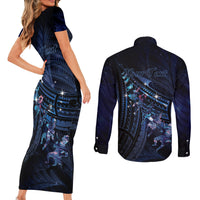Personalised Matariki Paua Shell New Zealand Couples Matching Short Sleeve Bodycon Dress and Long Sleeve Button Shirt Haka Dance At The Starry Night LT01 - Polynesian Pride