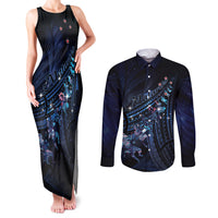 Personalised Matariki Paua Shell New Zealand Couples Matching Tank Maxi Dress and Long Sleeve Button Shirt Haka Dance At The Starry Night LT01 Black - Polynesian Pride