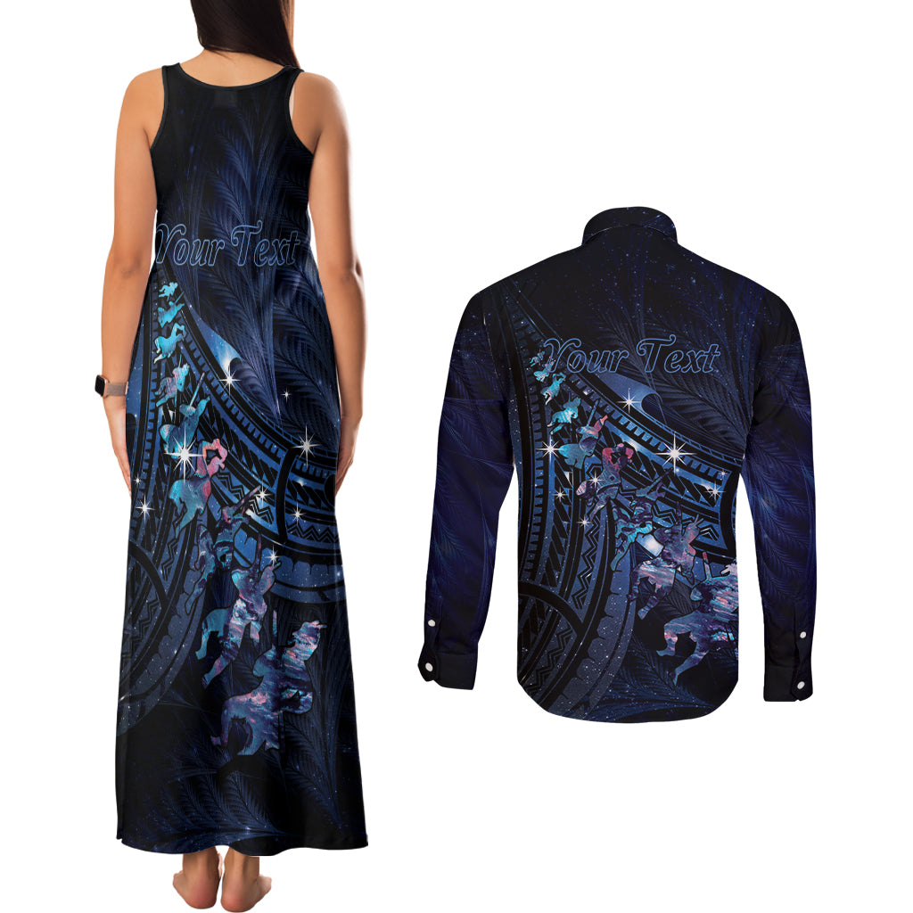 Personalised Matariki Paua Shell New Zealand Couples Matching Tank Maxi Dress and Long Sleeve Button Shirt Haka Dance At The Starry Night LT01 - Polynesian Pride