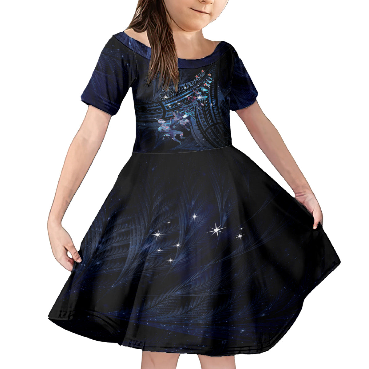 Personalised Matariki Paua Shell New Zealand Family Matching Long Sleeve Bodycon Dress and Hawaiian Shirt Haka Dance At The Starry Night LT01 Daughter's Dress Black - Polynesian Pride