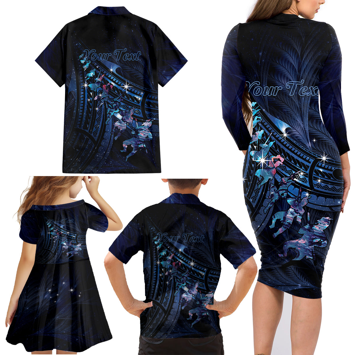 Personalised Matariki Paua Shell New Zealand Family Matching Long Sleeve Bodycon Dress and Hawaiian Shirt Haka Dance At The Starry Night LT01 - Polynesian Pride