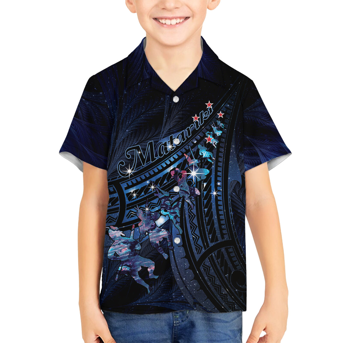 Personalised Matariki Paua Shell New Zealand Family Matching Long Sleeve Bodycon Dress and Hawaiian Shirt Haka Dance At The Starry Night LT01 Son's Shirt Black - Polynesian Pride