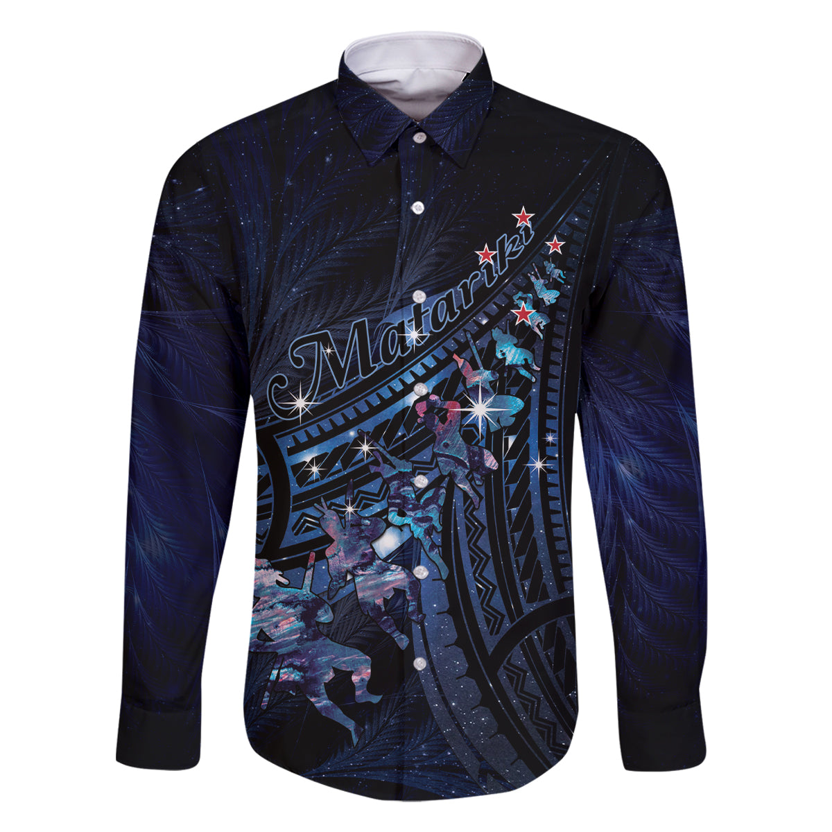Personalised Matariki Paua Shell New Zealand Family Matching Mermaid Dress and Hawaiian Shirt Haka Dance At The Starry Night LT01 Dad's Shirt - Long Sleeve Black - Polynesian Pride
