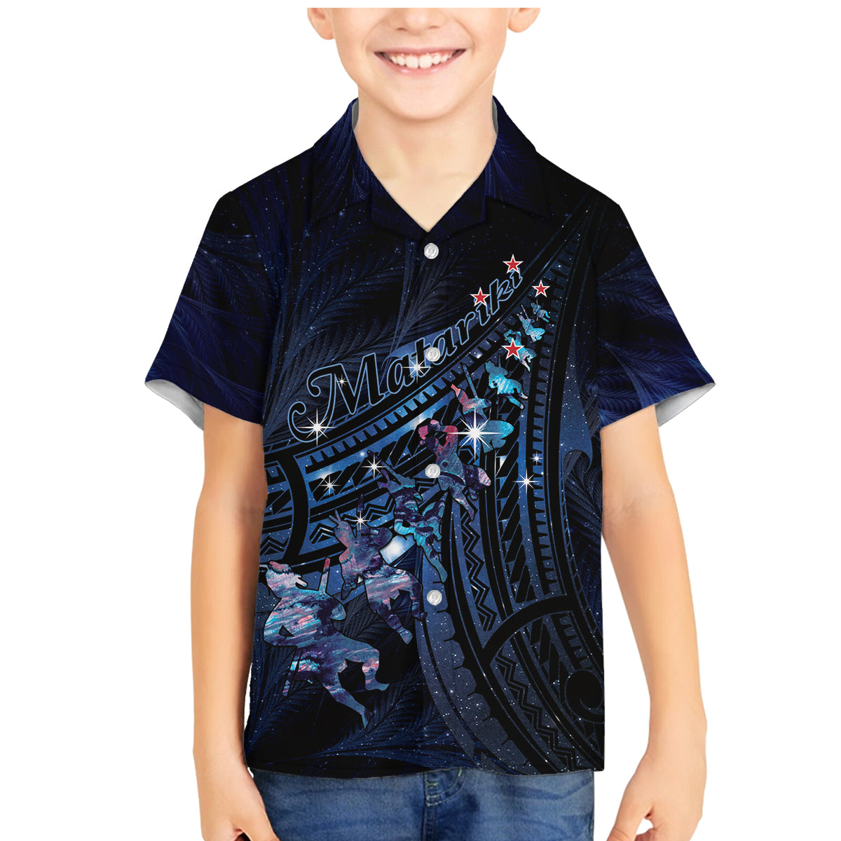 Personalised Matariki Paua Shell New Zealand Family Matching Mermaid Dress and Hawaiian Shirt Haka Dance At The Starry Night LT01 Son's Shirt Black - Polynesian Pride