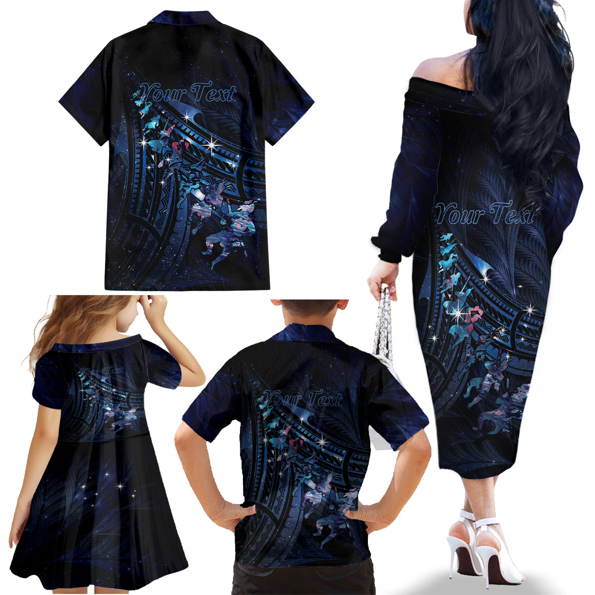 Personalised Matariki Paua Shell New Zealand Family Matching Off The Shoulder Long Sleeve Dress and Hawaiian Shirt Haka Dance At The Starry Night LT01 - Polynesian Pride